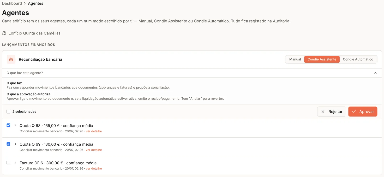 Vista de reconciliação no momento da aprovação, com propostas da IA por quota e fração e os modos Manual, Condie Assistente e Condie Automático visíveis