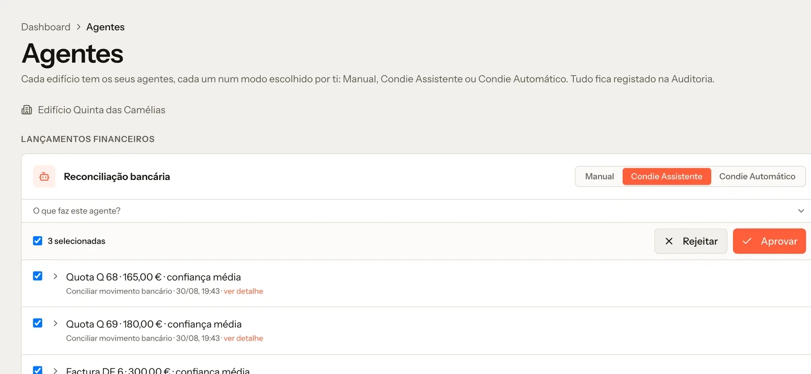 Vista de reconciliação no momento da aprovação, com propostas automáticas por quota e fração e os modos Manual, Condie Assistente e Condie Automático visíveis